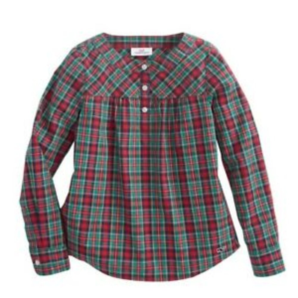 Vineyard Vines Red Green Tartan Plaid 100% Cotton  Popover Top Holiday EUC sz 6